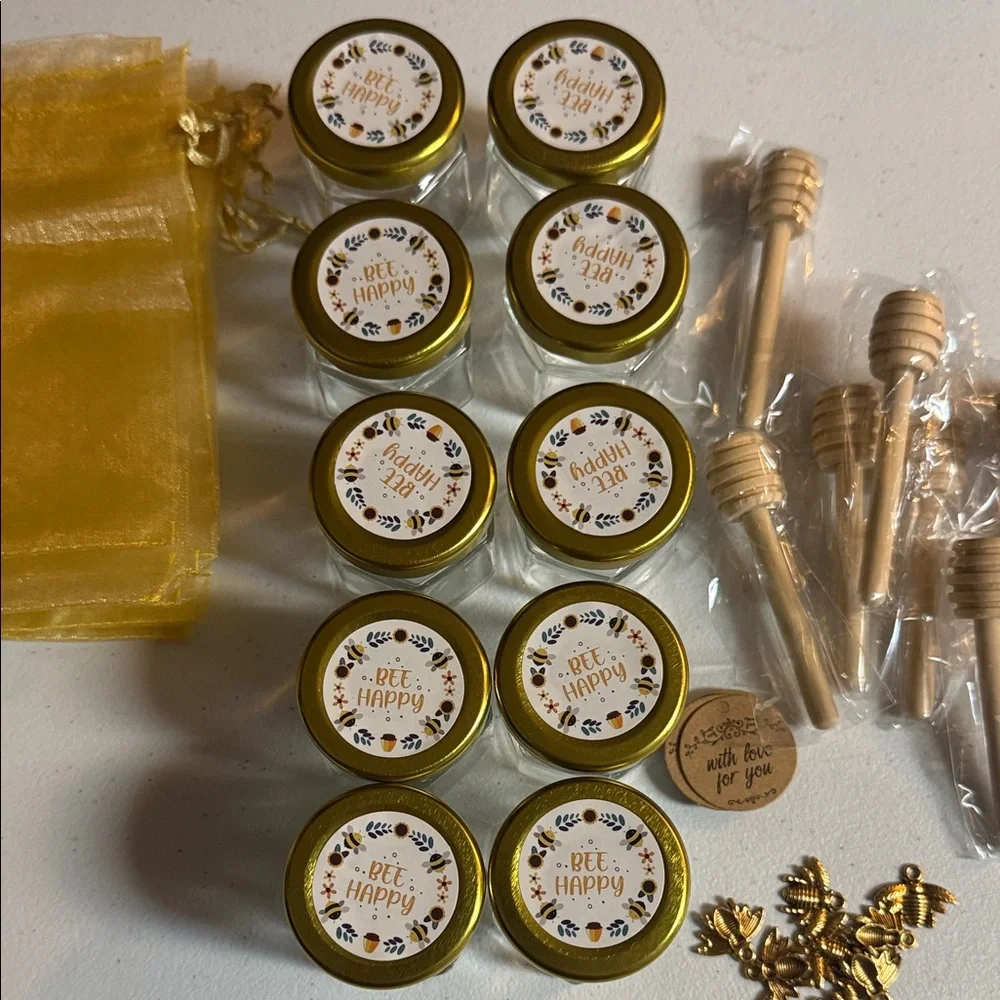 10 Pack Bee Happy Honey Jar Set‎ with Dippers, charms & Decorative bag